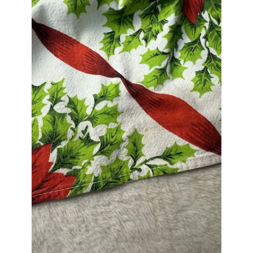 VTG Christmas Decor Tablecloth MCM Poinsettia Holly Ribbon 50x64 Red Green White